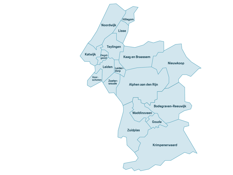 Afbeelding van kaart met alle gemeenten in de regio Hollands Midden: Hillegom, Noordwijk, Lisse, Teylingen, Katwijk, Oegstgeest, Kaag en Braassem, Nieuwkoop, Leiden, Leiderdorp, Voorschoten, Zoeterwoude, Alphen aan den Rijn, Bodegraven-Reeuwijk, Waddinxveen, Gouda, Zuidplas, Krimpenerwaard
