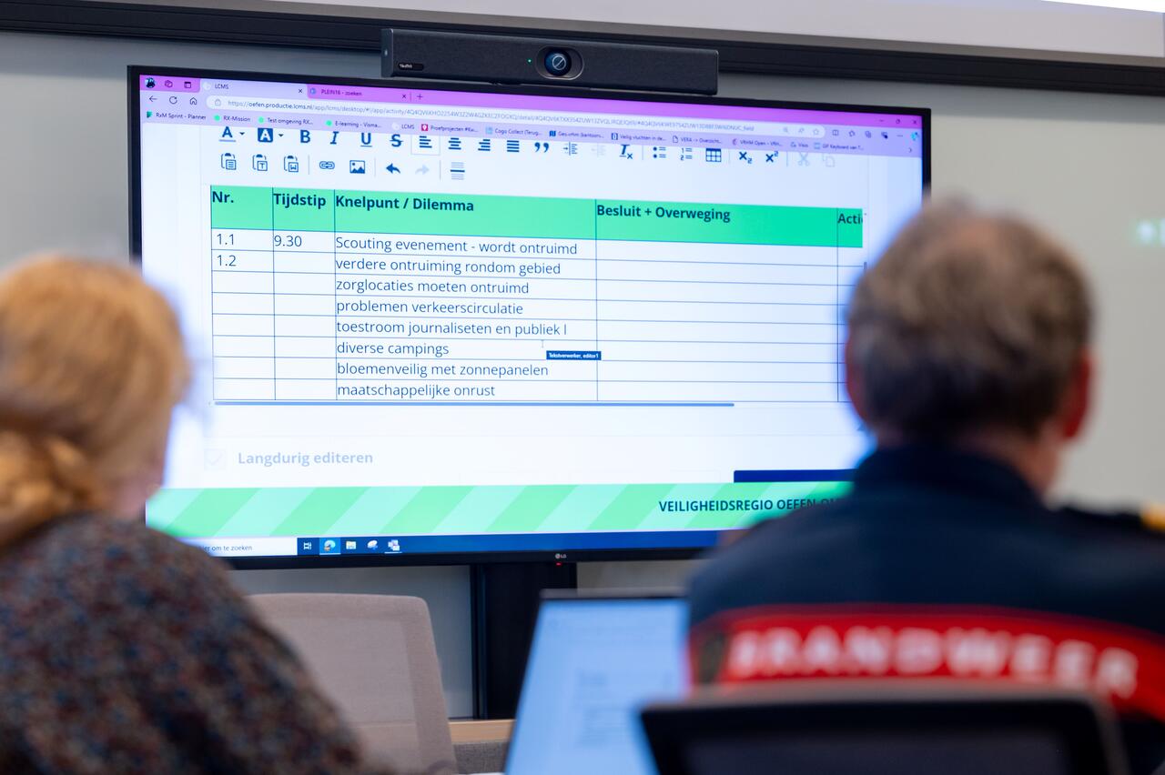 twee mensen, een in brandweeruniform, op rug gezien, kijken op beeldscherm met informatie